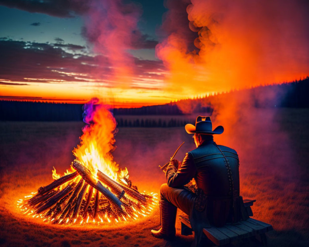 Cowboy hat person by vibrant bonfire at twilight with forest backdrop.