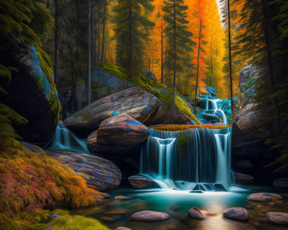 Autumnal trees frame serene waterfall in nature scene