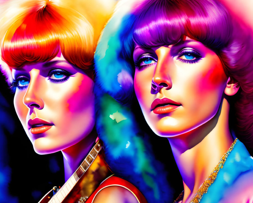 Vibrant retro hairstyles on two women with colorful lighting and a guitar, evoking a psychedelic '