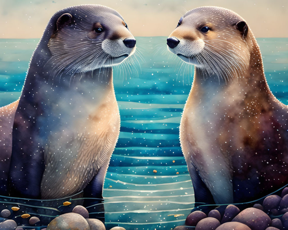 Illustrated otters with starry transition above water and pebbles, water droplets backdrop.