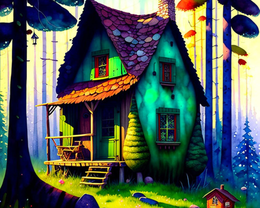 Vibrant forest cottage illustration with colorful trees and cozy house