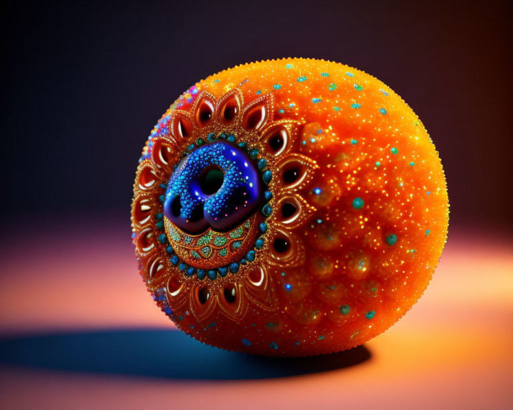 Colorful Ornate Sphere with Jeweled Texture on Blue-Orange Gradient Background