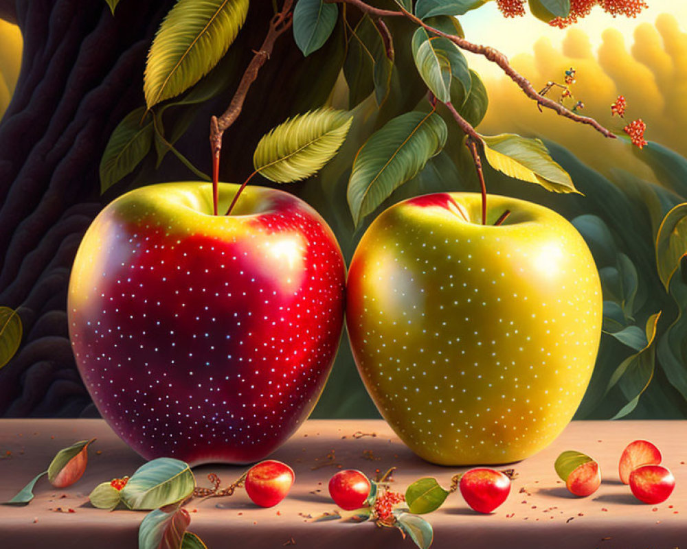 Hyper-realistic Red and Yellow Apples on Ledge with Galaxy and Petal Patterns