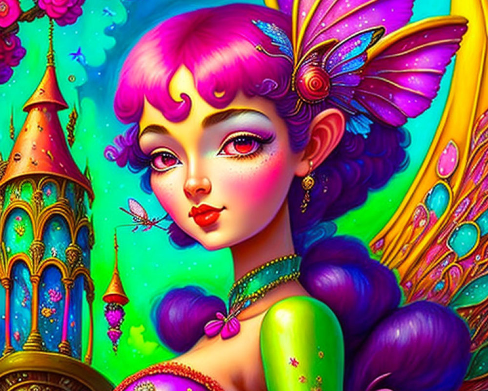 Colorful Fairy Illustration with Pink Hair and Butterfly Wings