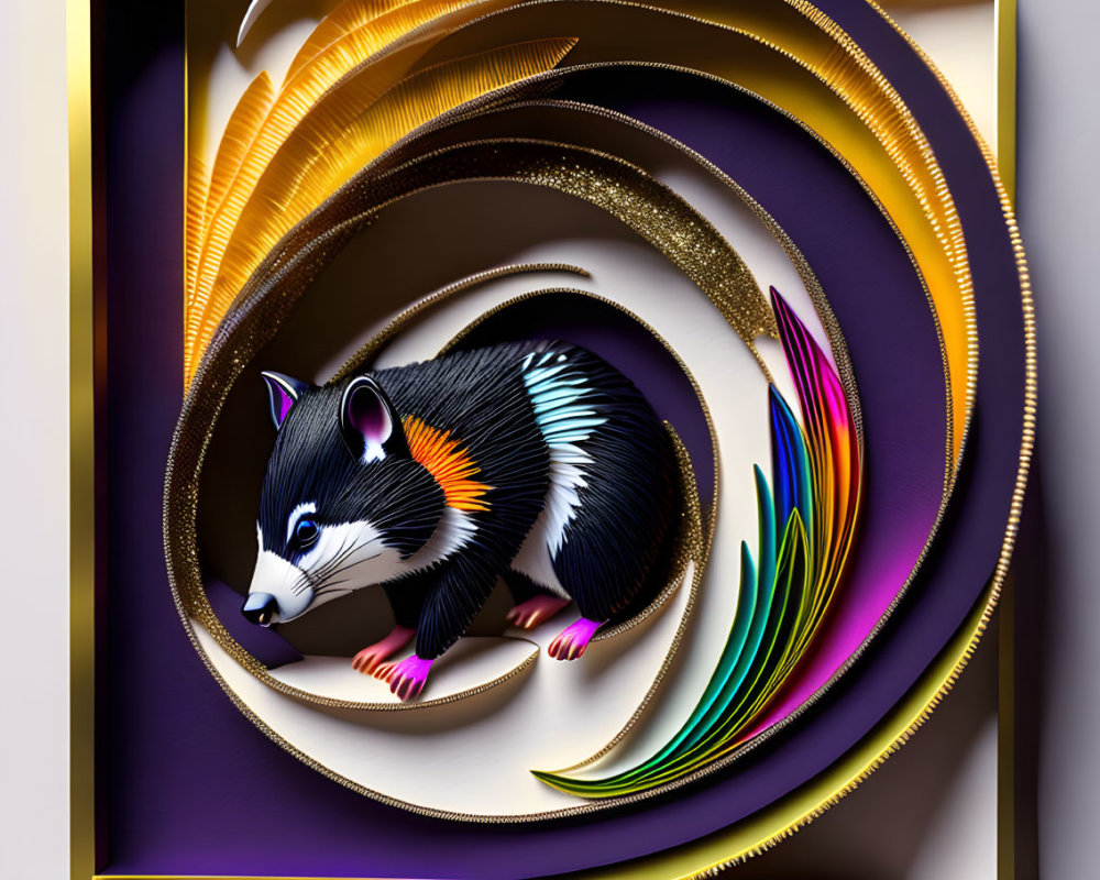 Graphic of stylized badger with golden spirals on purple background