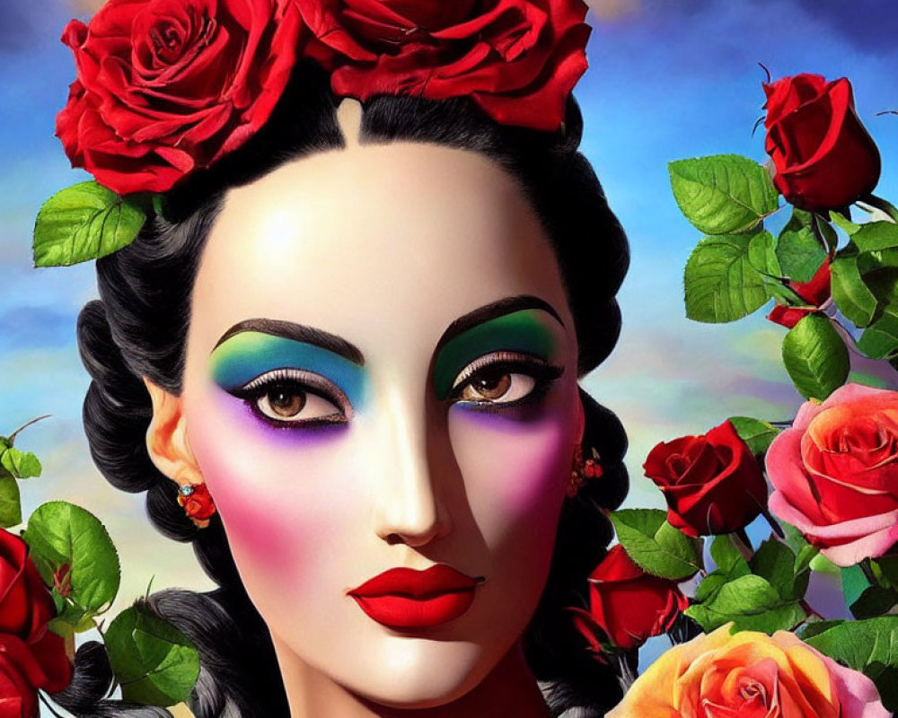 Colorful makeup woman with rainbow eyeshadow and roses in hair under blue sky