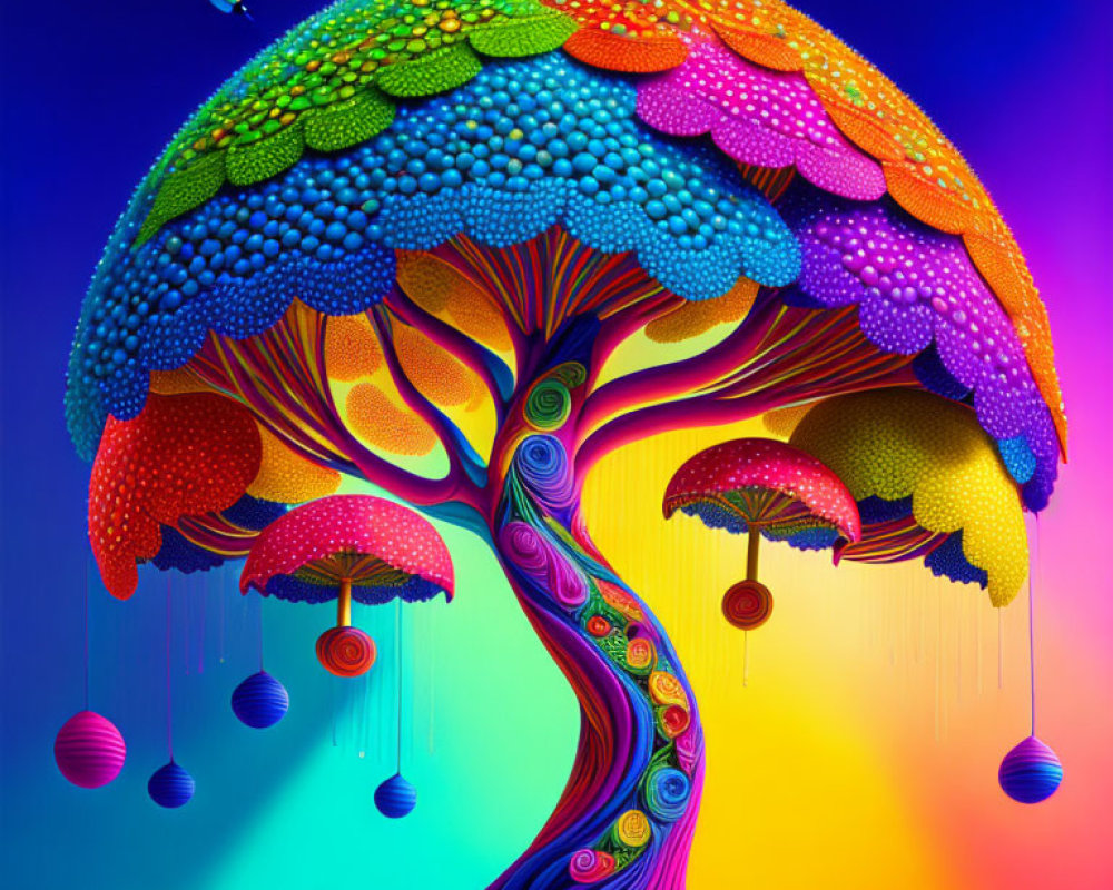 Colorful Whimsical Tree Artwork on Gradient Background