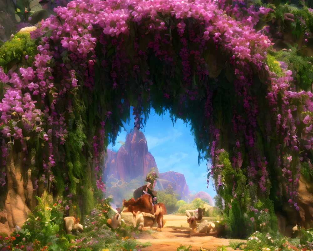 Tranquil garden scene with person on horseback, sheep, purple flowers, and mountain backdrop