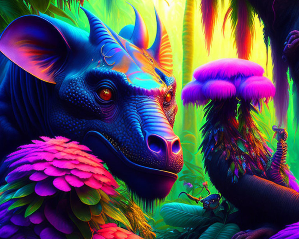 Neon-colored jungle digital art with stylized bull, exotic plants, mushrooms, and peacock