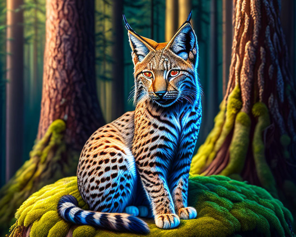 Colorful Lynx Illustration Sitting on Moss-Covered Stump