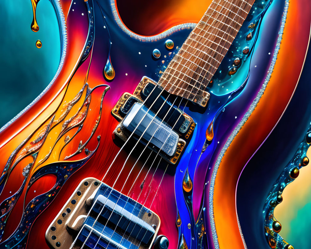 Colorful Abstract Electric Guitar Artwork with Liquid-Like Patterns