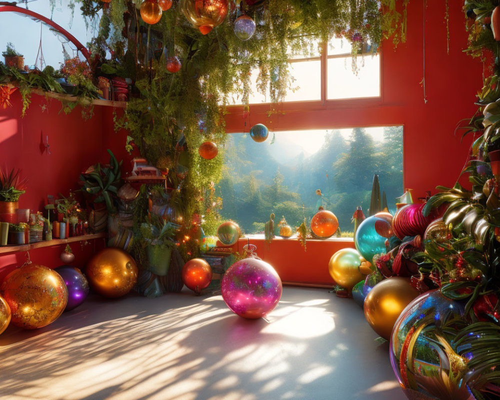 Colorful Christmas Ornaments in Sunlit Room with Forest View