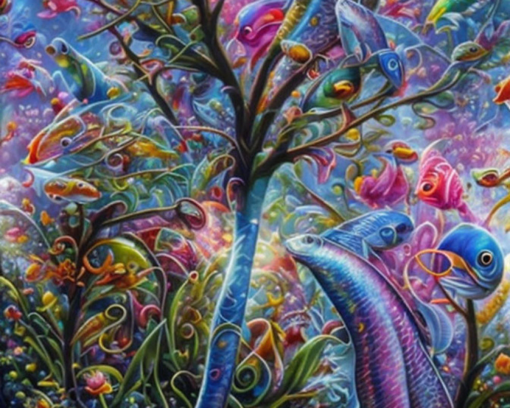 Colorful psychedelic tree with fish and foliage in underwater fantasy