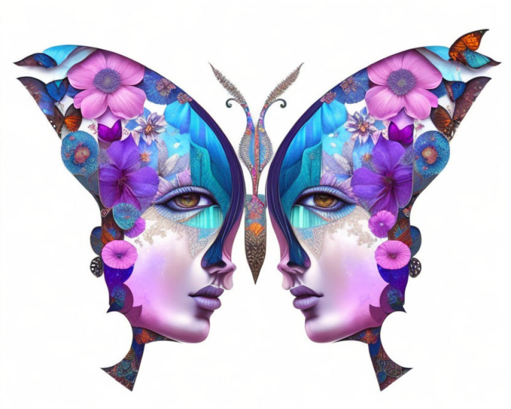 Mirrored butterfly-winged faces with floral patterns in vibrant colors