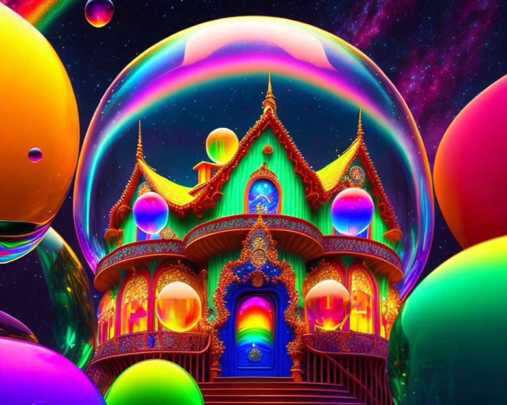 Multicolored fantasy palace in transparent bubble with cosmic starscape.