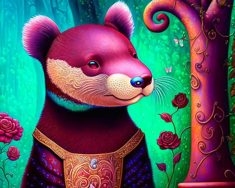 Colorful anthropomorphic bear in ornate attire on whimsical floral background