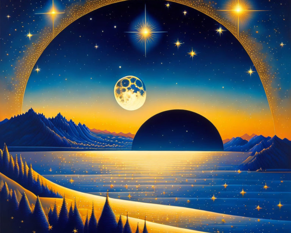 Nighttime fantasy landscape with mountains, forest, starry sky, moon, and planet over lake