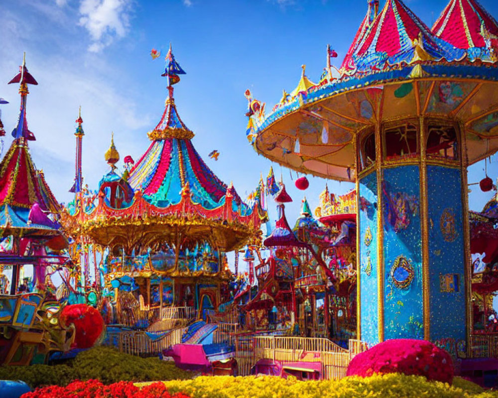 Colorful amusement park scene with merry-go-rounds and flowers under clear blue sky