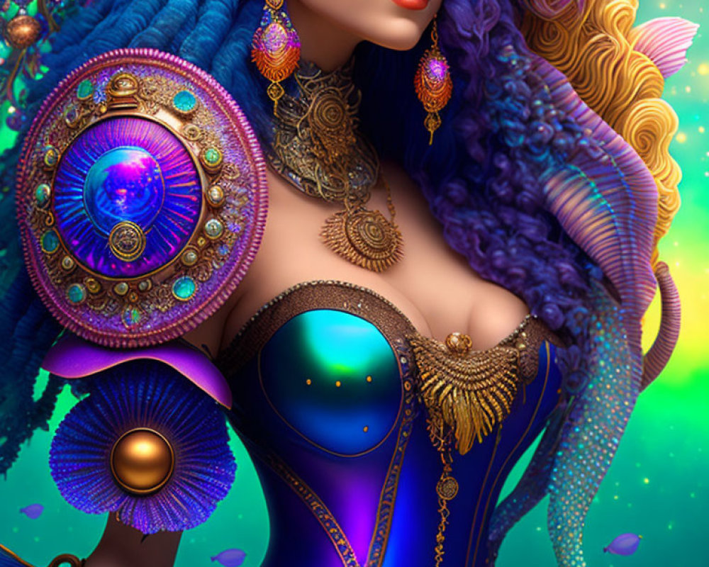 Colorful digital art: Woman with blue hair, gold jewelry, and cosmic armor.