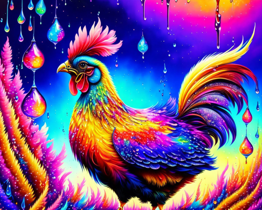 Colorful Rooster Illustration in Psychedelic Foliage and Starry Sky