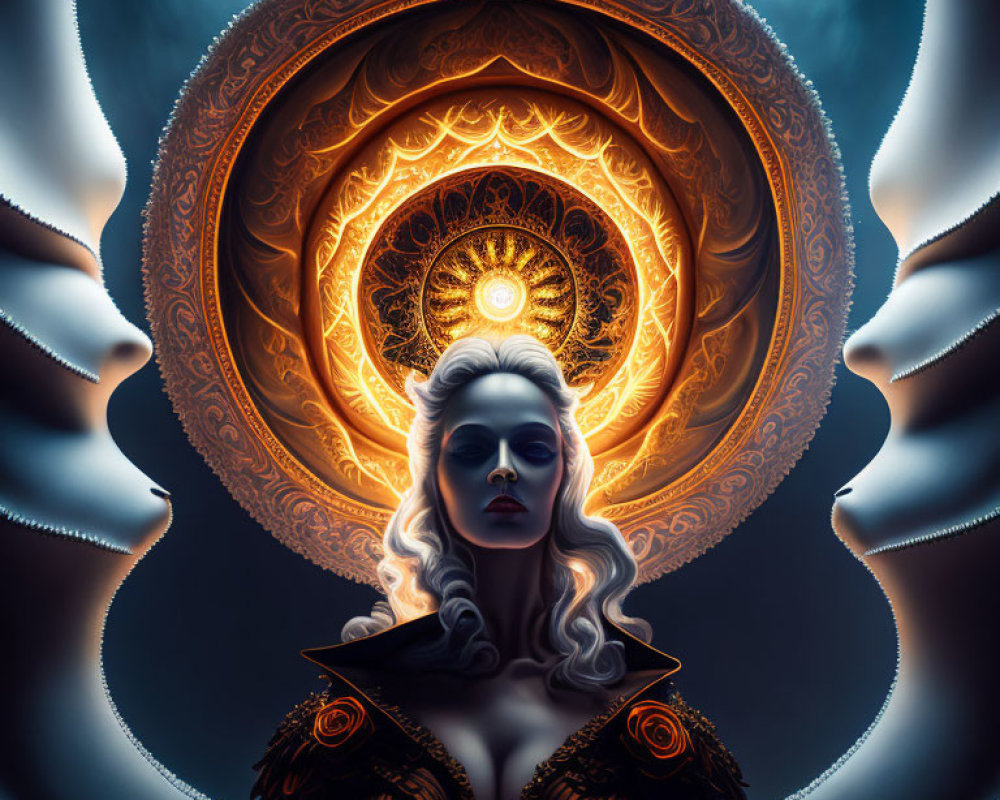 White-Haired Woman in Dark Ornate Attire with Golden Eyes and Mandala-like Halo