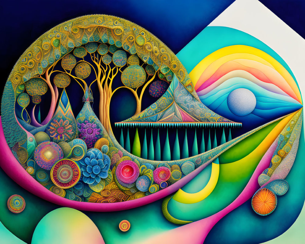 Colorful surrealistic painting with swirling patterns, landscapes, stylized tree, and cosmic elements