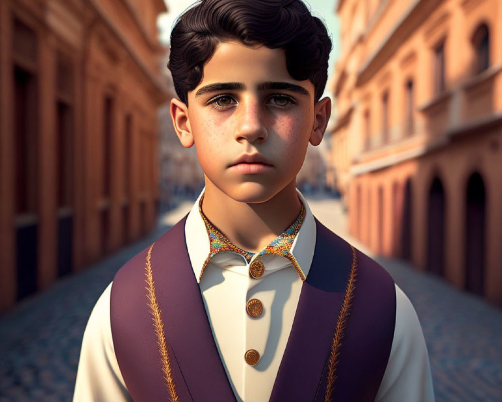 Young boy with dark hair and vintage attire in old European street