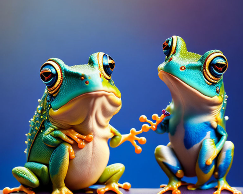 Colorful frogs with orange feet on blue-green bodies on purple-blue background