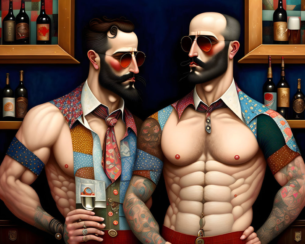 Muscular men with tattoos and handlebar mustaches at a bar.