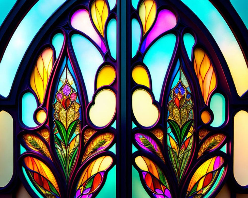 Symmetrical floral stained glass window in vibrant blue, purple, yellow, and orange on sky gradient