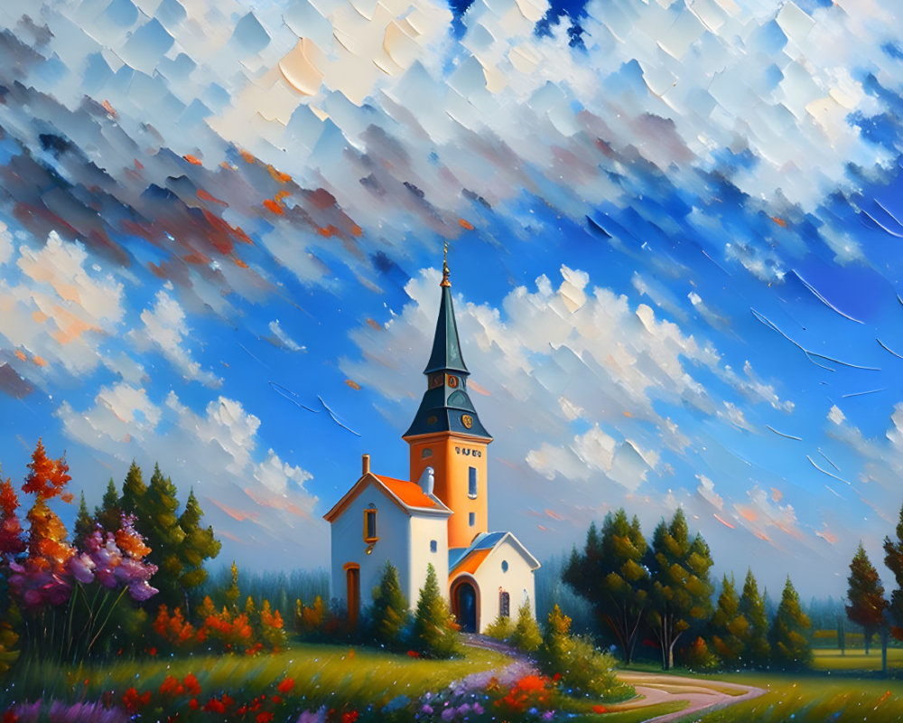 Vibrant pastoral landscape with colorful church and nature scene