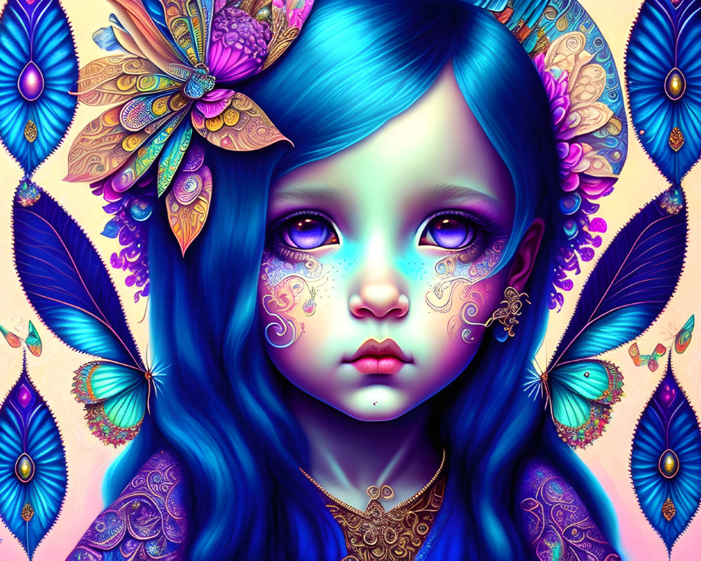 Colorful digital artwork featuring girl with blue hair and intricate golden face patterns, surrounded by butterfly motifs