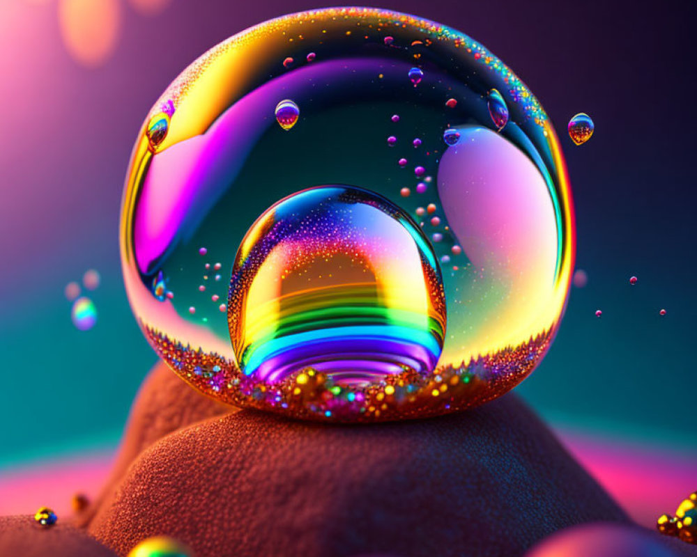 Iridescent bubble with droplets on textured surface