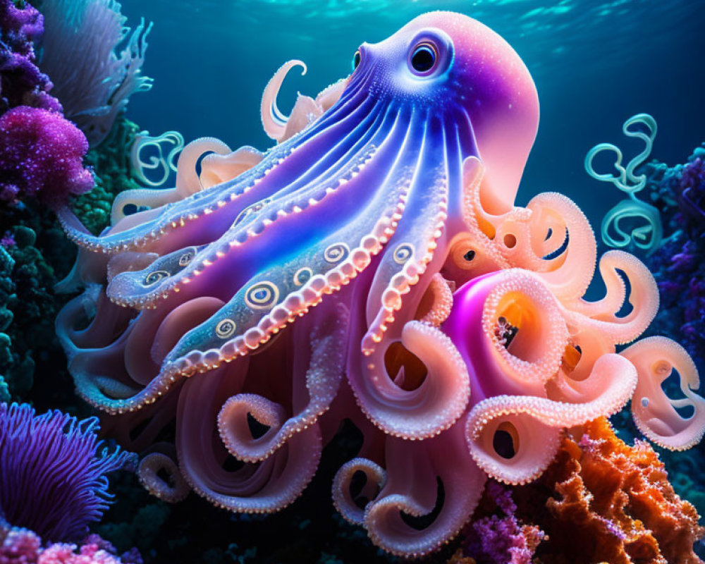 Colorful underwater scene with purple octopus and vibrant marine life