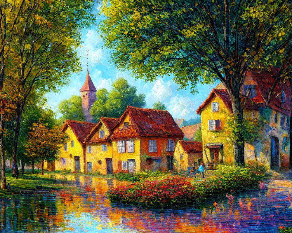 Colorful painting of quaint village with cobblestone paths, charming houses, river, trees, st