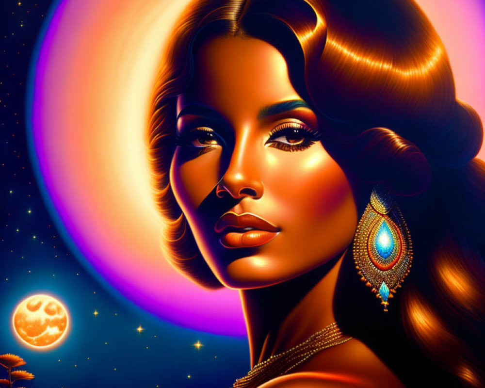 Digital portrait of woman with radiant skin and voluminous hair against celestial backdrop.