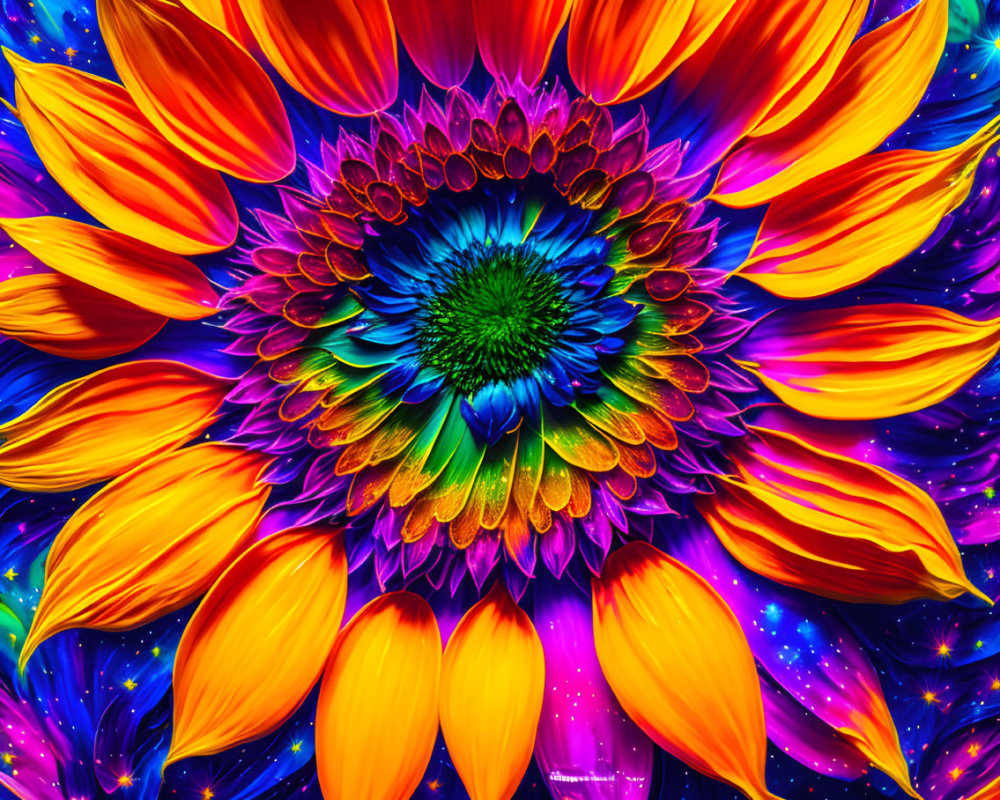 Colorful Sunflower Digital Artwork on Cosmic Background