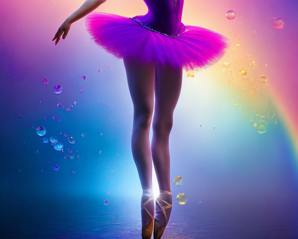 Ballet dancer on pointe in purple tutu with bubbles and rainbow