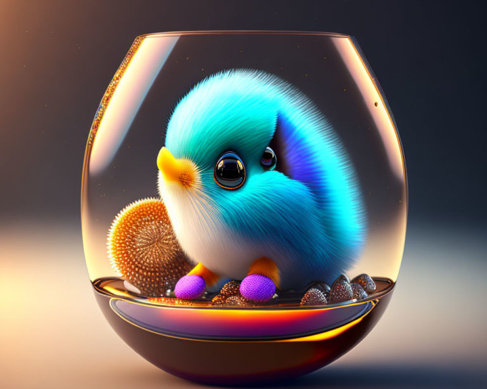 Fluffy Blue Creature in Fishbowl with Colorful Balls on Warm Background