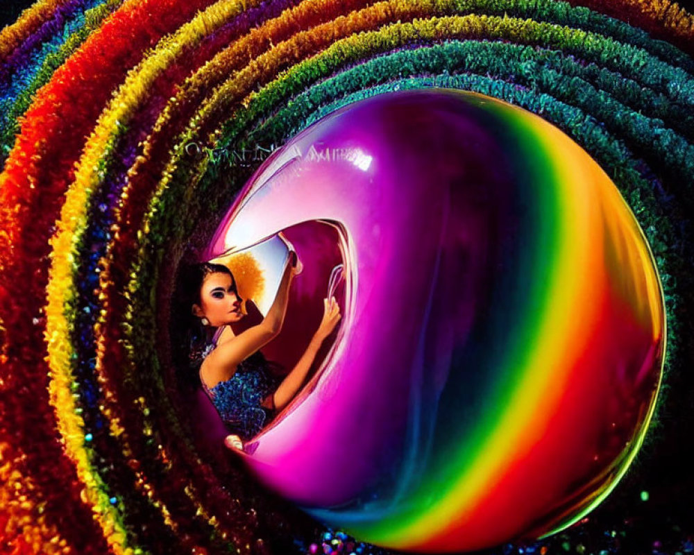 Woman reaching through rainbow tunnel in dark background