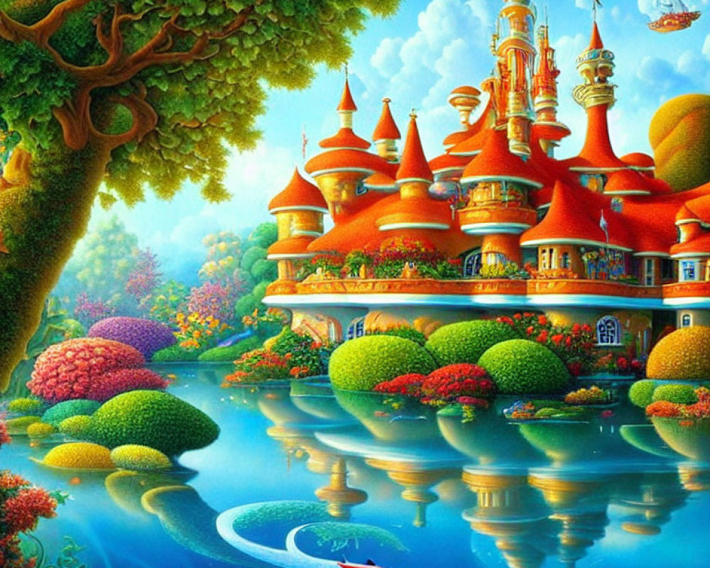 Fantasy artwork: Whimsical castle, airships, koi fish & gardens