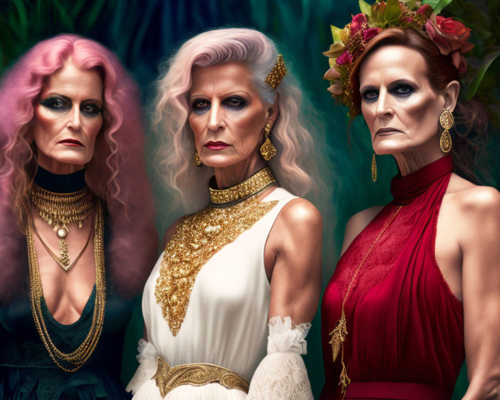 Three Women in Dramatic Makeup and Elegant Dresses with Pink Hair and Flowers in Hair Pose Intensely