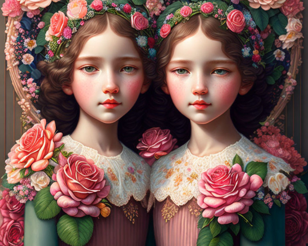 Two girls in floral crowns and dresses surrounded by roses in a vintage, painterly style.