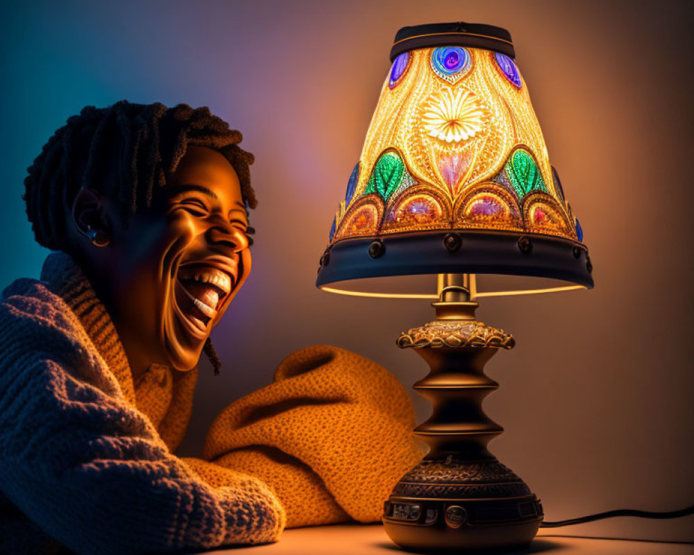 Person laughing next to decorative lamp in warm light