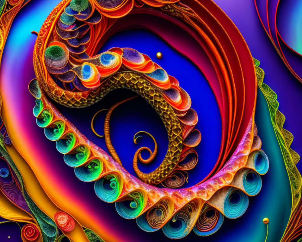 Colorful Fractal Artwork with Swirling Design in Blues, Oranges, and Greens