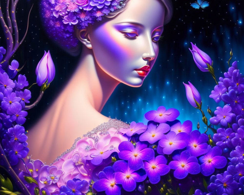 Vibrant woman with purple flowers and butterfly on starry night backdrop