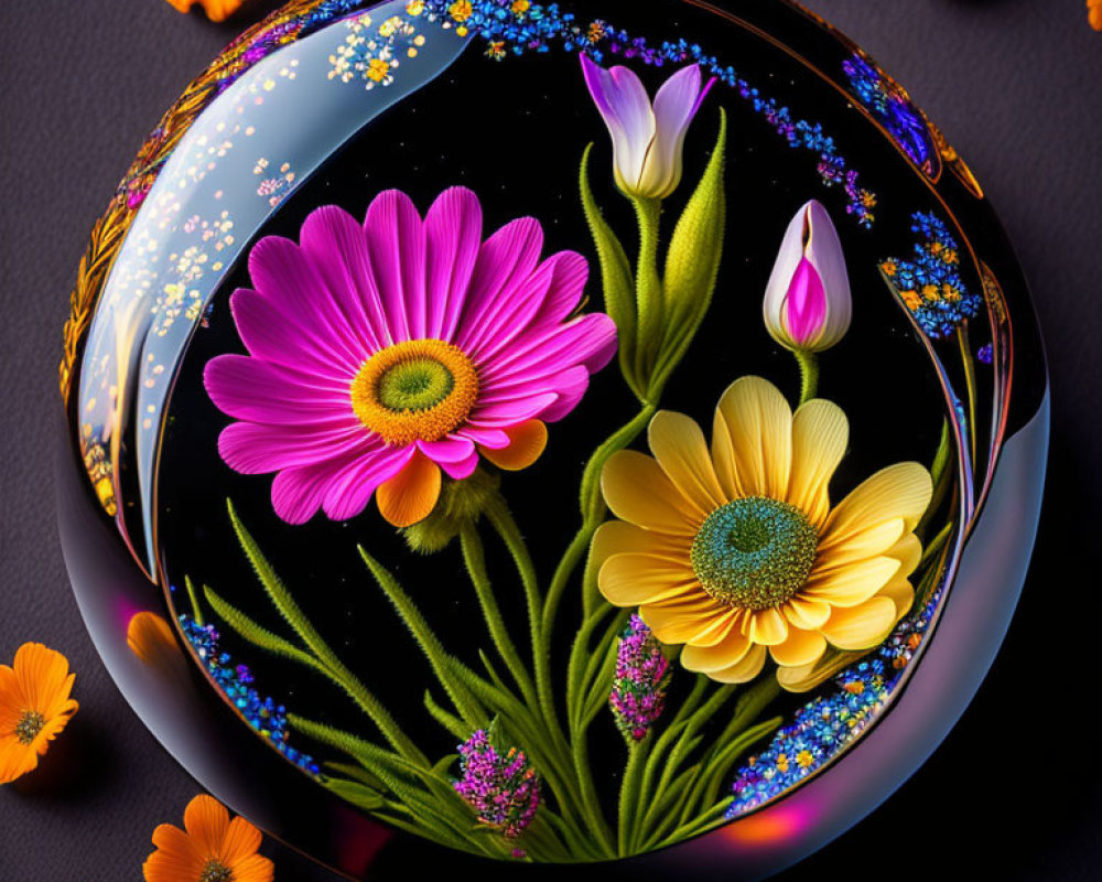 Colorful floral patterns on glossy spherical object against dark background