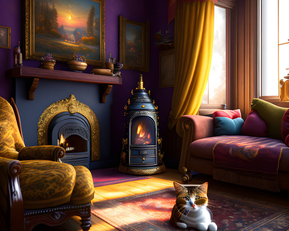 Inviting Room with Fireplace, Cat, and Luxurious Decor