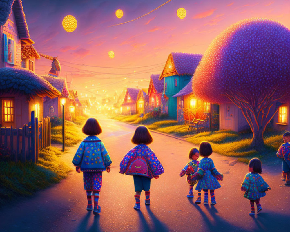 Children walking with backpacks in village street at dusk with glowing lanterns and illuminated houses.