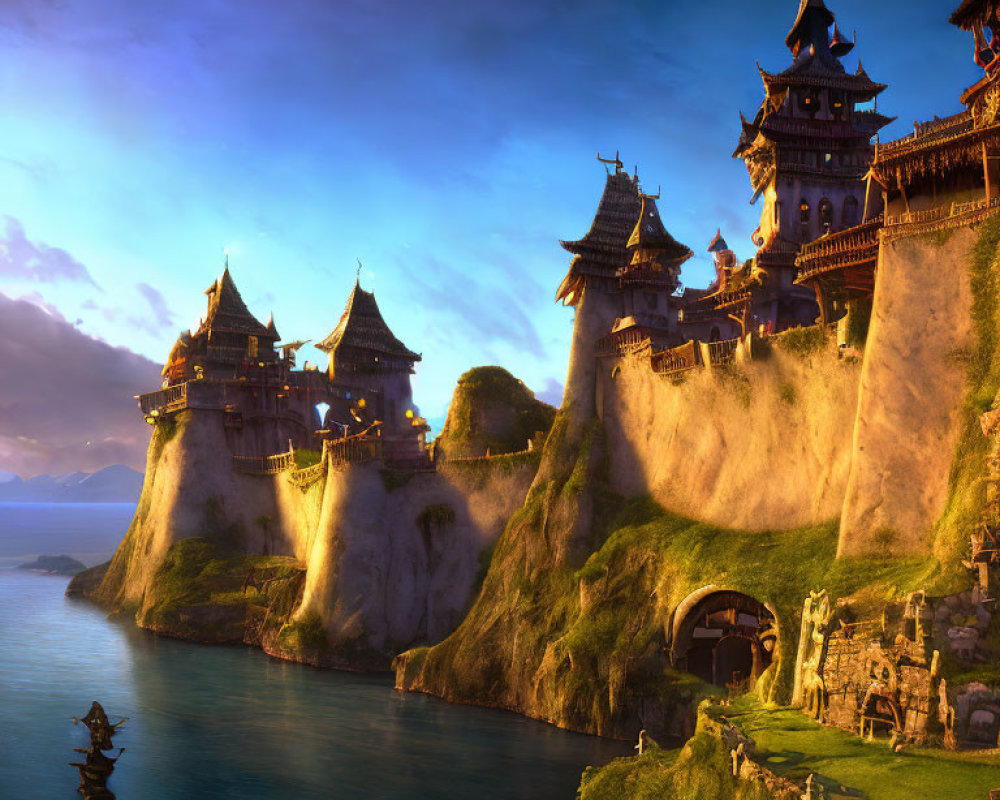 Cliffside castle by tranquil sea at sunset with ornate towers